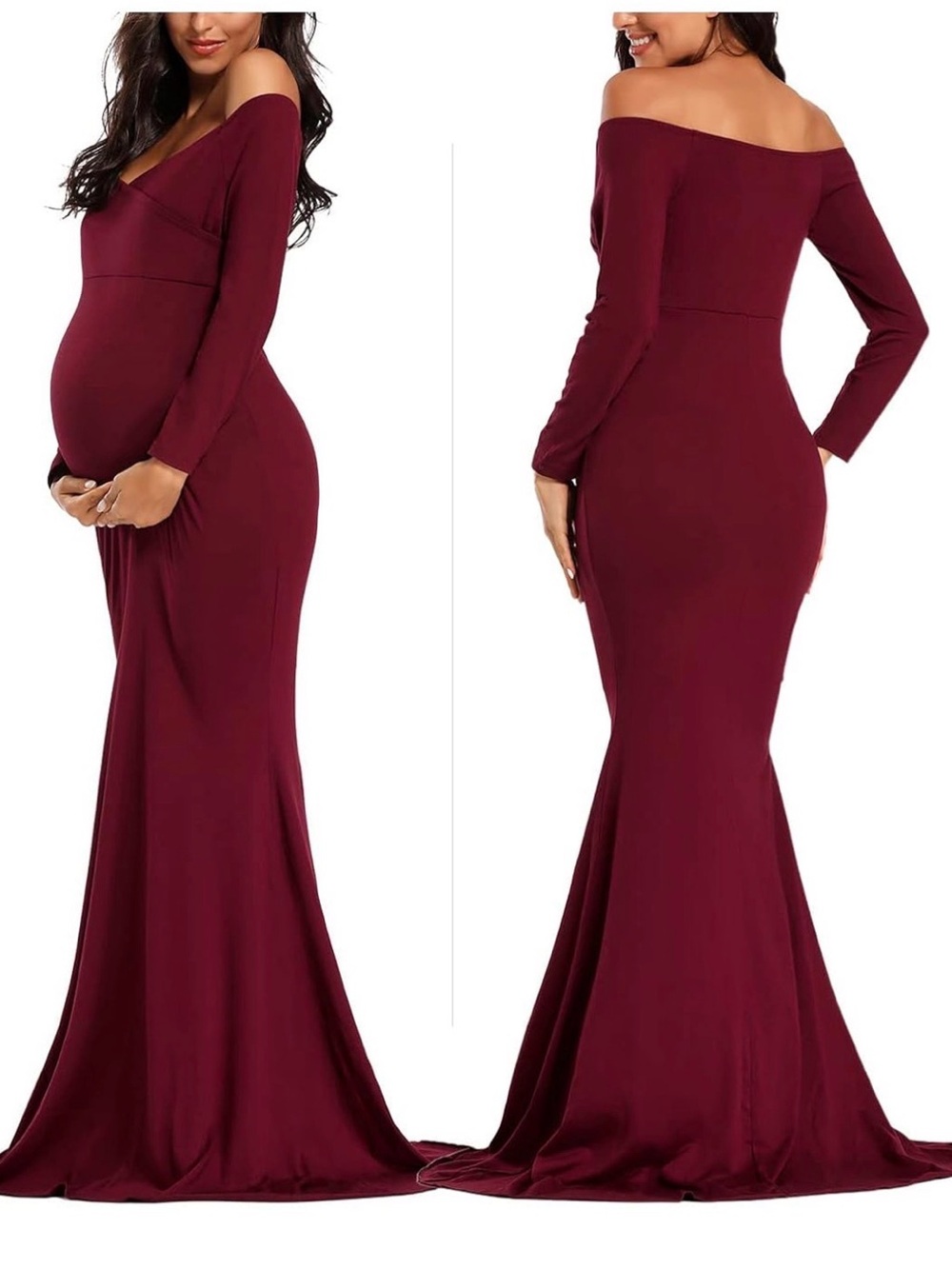 Off-Shoulder Maternity Mermaid Gown - Burgundy